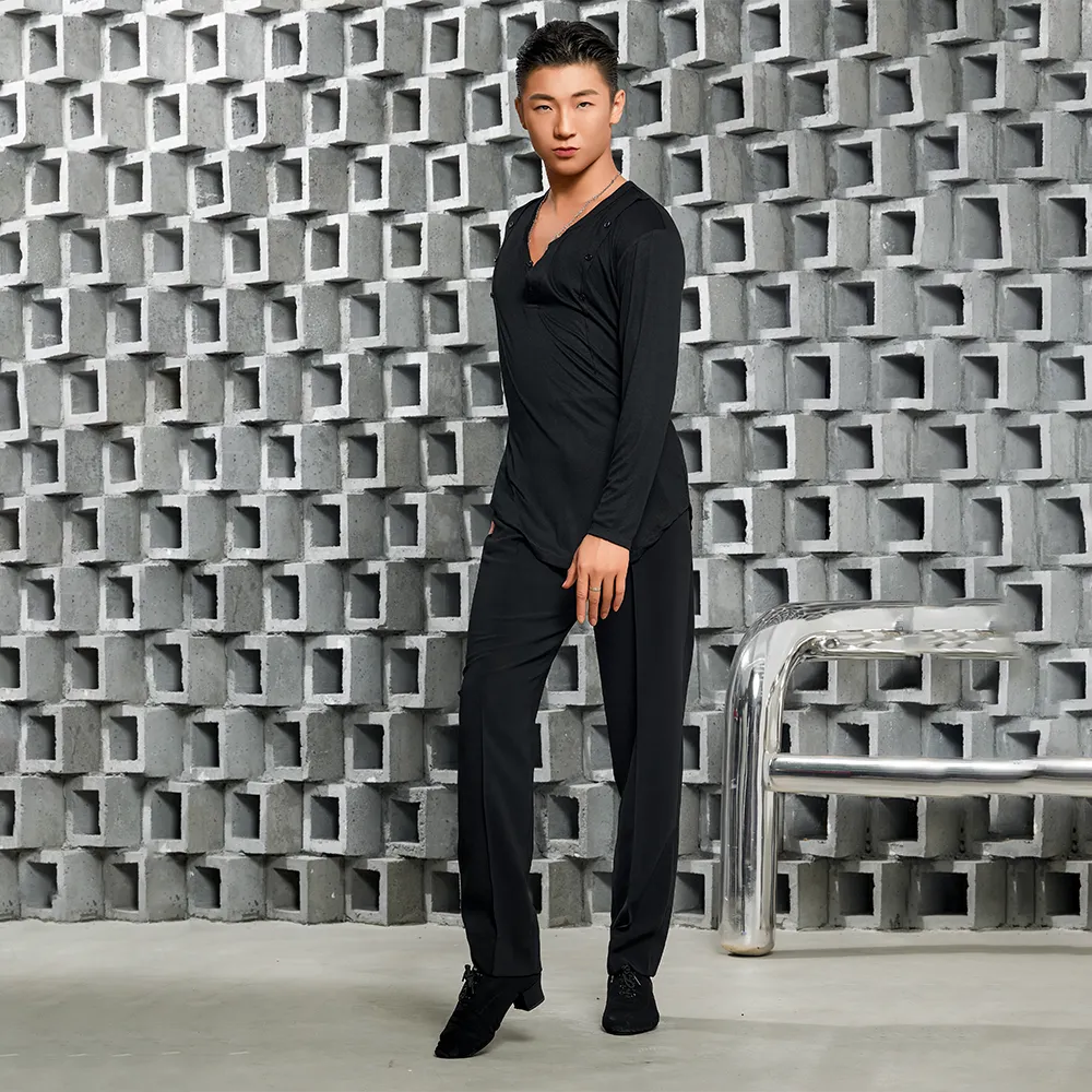 NY682 Men’s Button‑Detail Long‑Sleeve Latin Dance Top